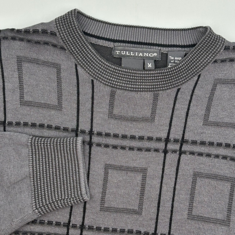 Tulliano Mens Gray Plaid Knit Long‎ Sleeve Sweater Cotton Blend Size M EUC